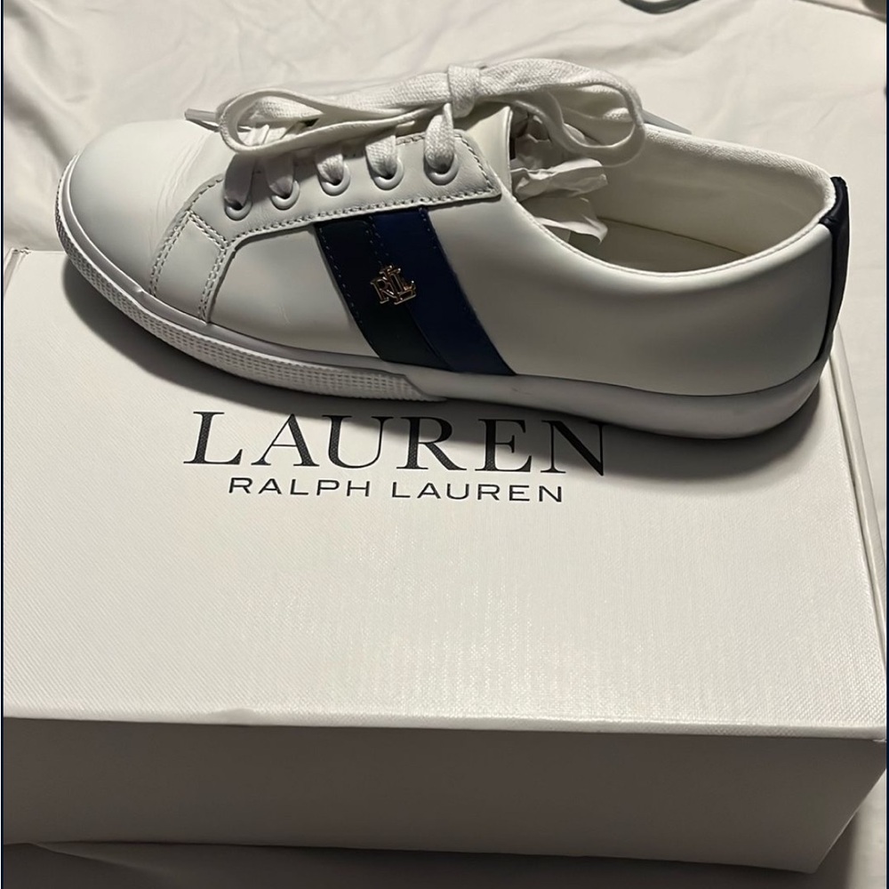 Lauren Ralph Lauren White Sneakers with Navy Stripe